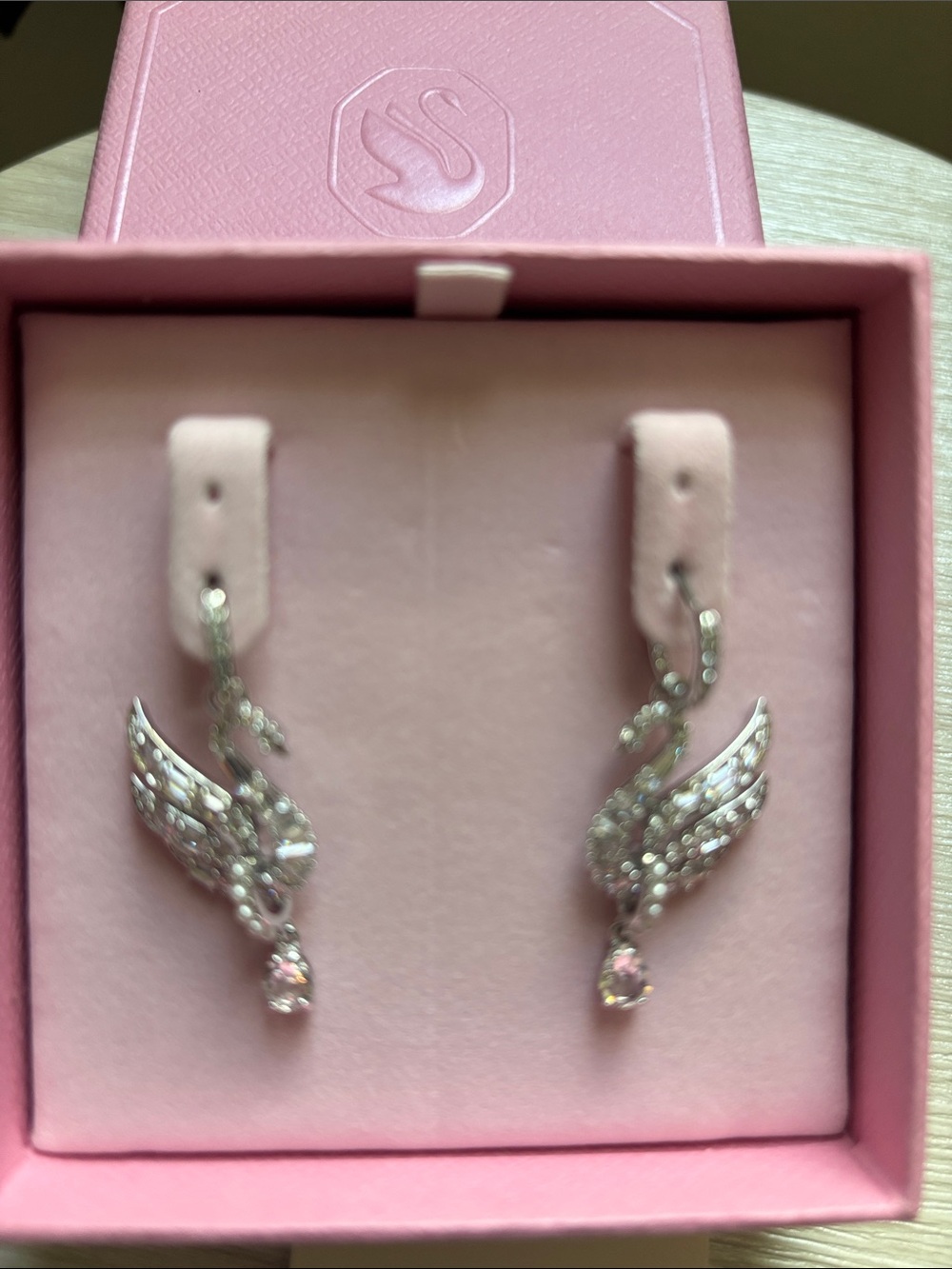 Swarovski Silver Swan Drop Earrings with Pink Box Accent